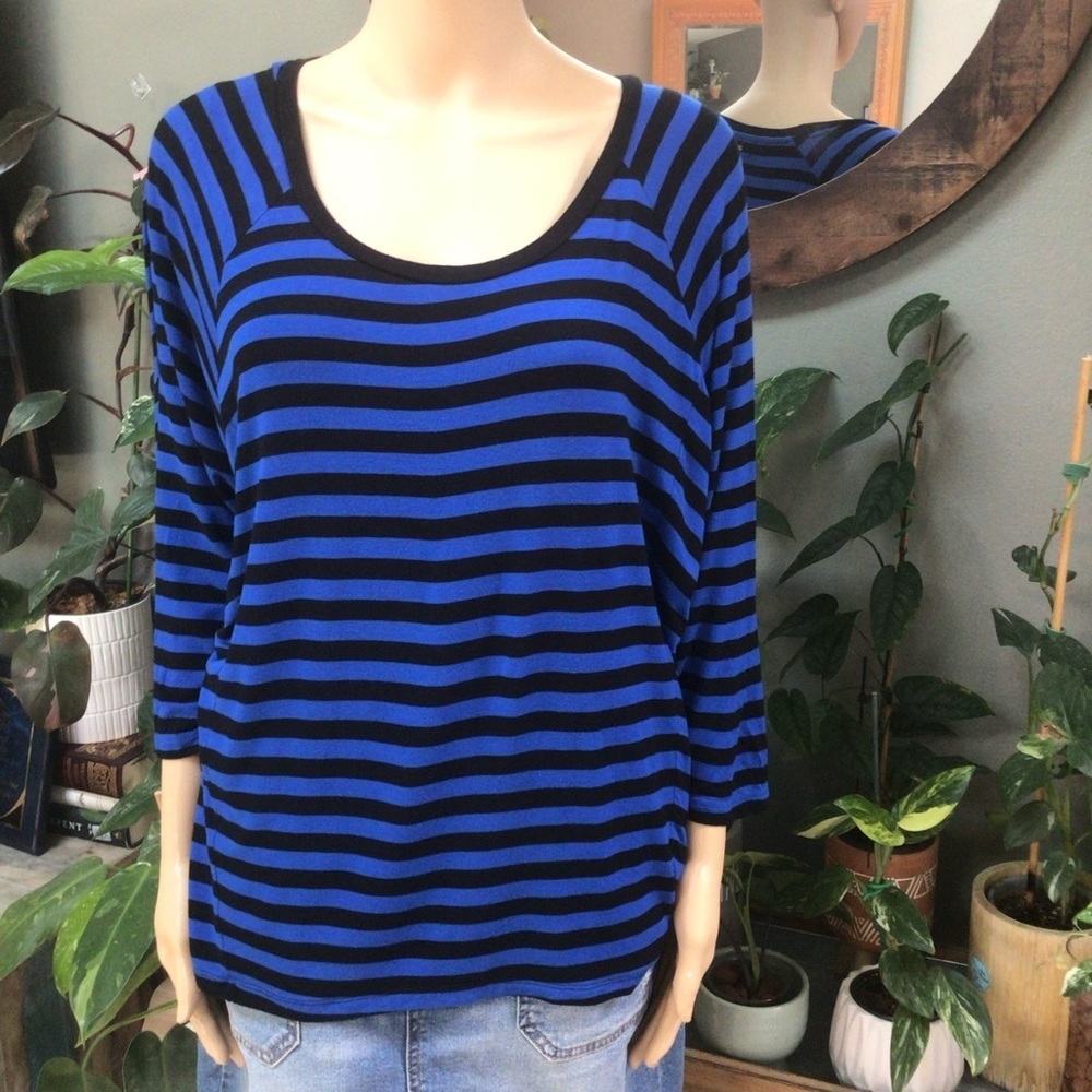 Michael Kors Blue and Black Striped Long Sleeve Top